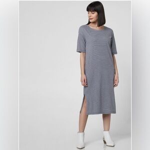 VERO MODA Women's Grey Striped Cotton Shift Midi Dress - Size Large